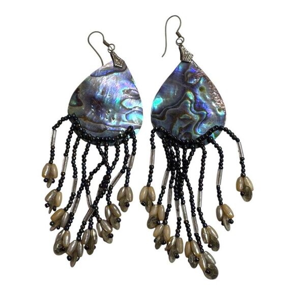 Vintage Abalone Shell & Beaded Dangle Earrings Black & Beige Dangle Beads Pauo - Picture 4 of 6
